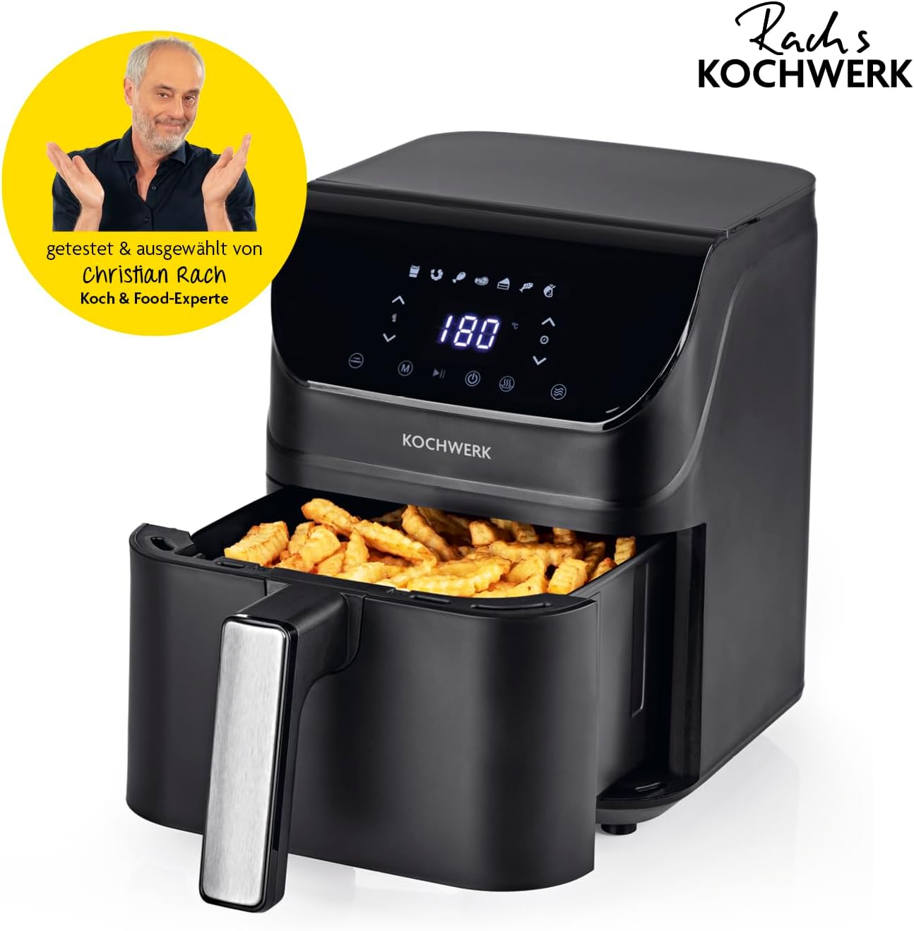 Rachs KOCHWERK Digitale Heißluftfritteuse 4L | Airfryer mit Touchscreen zum fettarmen Kochen, Grillen oder Backen ohne Öl | Erinnerungsfunktion zum Wenden | Einfache Reinigung | 1400 W – Bild 7