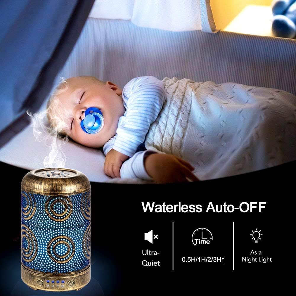 Salking Aroma-Diffusor-Luftbefeuchter, handgefertigter Metall-Diffusor für ätherische Öle, automatische Abschaltung, 7-Farben-Licht, Vintage-Aromatherapie für Baby, Heimbüro oder Yoga – Bild 5