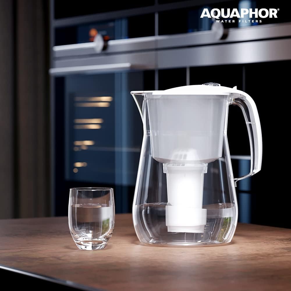 AQUAPHOR Wasserfilter Provence weiß inkl. 2 A5-Filter mit Magnesium, Karaffe für 4,2 Liter, großer Wasserspender in Glasoptik, reduziert Kalk und Chlor, Tischwasserfilter, stilvoller Behälter – Bild 2