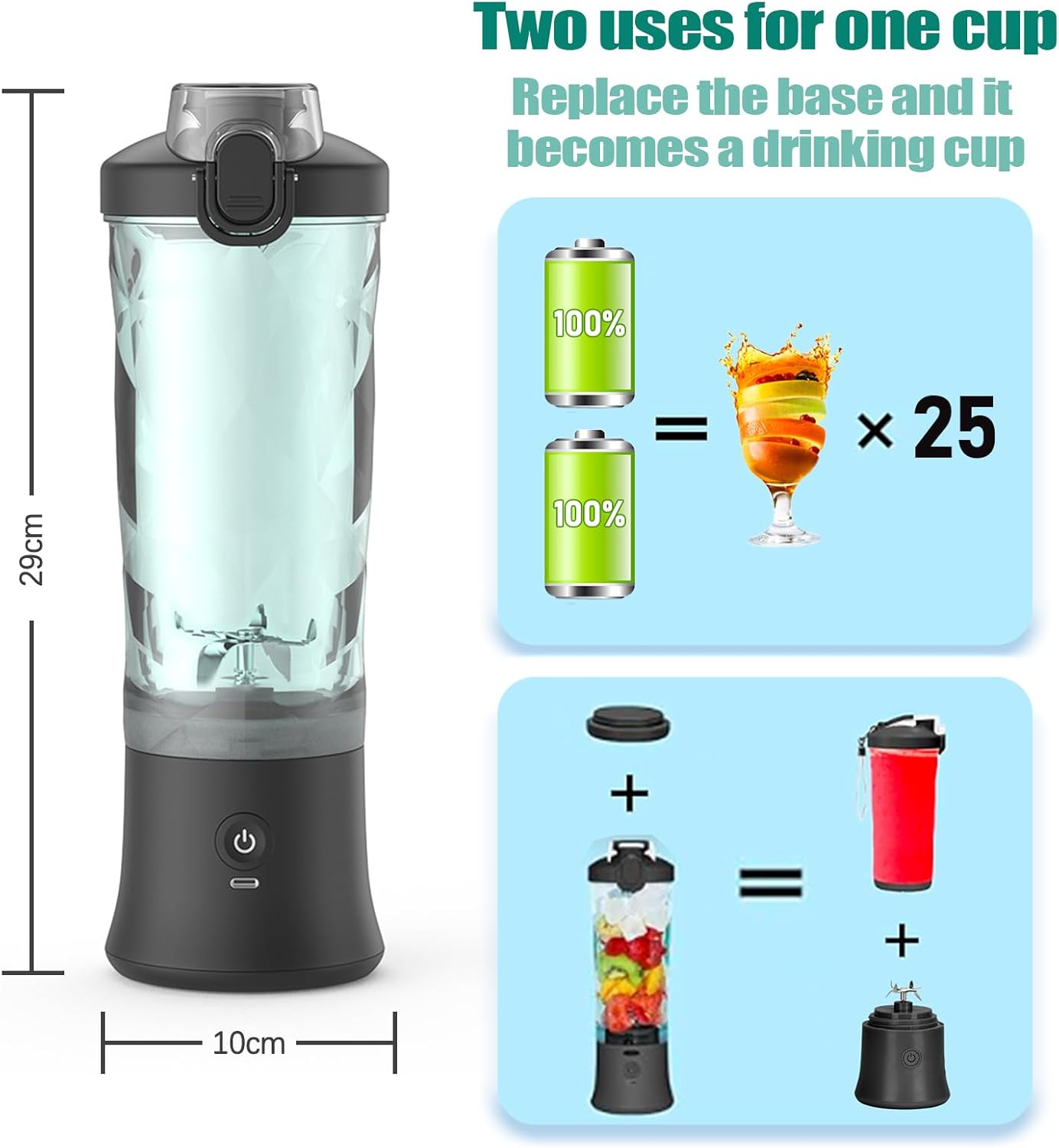 Idota Tragbarer Mixer 600 ml, Mini-Mixer Smoothie Maker mit 6 Klingen, USB wiederaufladbarer tragbarer Mixer für Fitnessstudio, Büro, Camping und Reisen, Schwarz – Bild 2