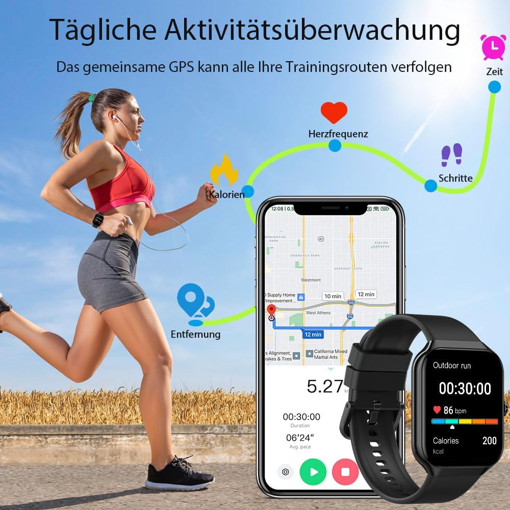 Motast 2026 Smartwatch Damen Herren, 1,96 Zoll Smartwatch, Telefonfunktion, 115+ Sportmodi, Schrittzähleruhr, Herzfrequenz/SpO2/Schlafmonitor, Fitnessuhr, IP68 wasserdichte Sportuhr für Android iOS – Bild 4