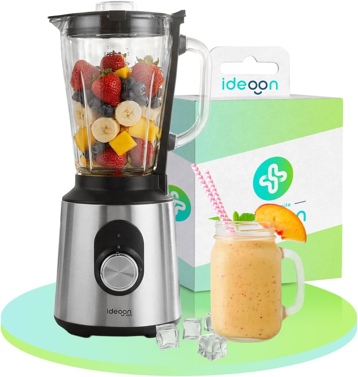 ideoon Edelstahl-Power-Standmixer mit 1,5-l-Glasbehälter, Küchenmixer, 1000 W für Shakes, Smoothies, Saucen oder Zerkleinern von Obst und Gemüse