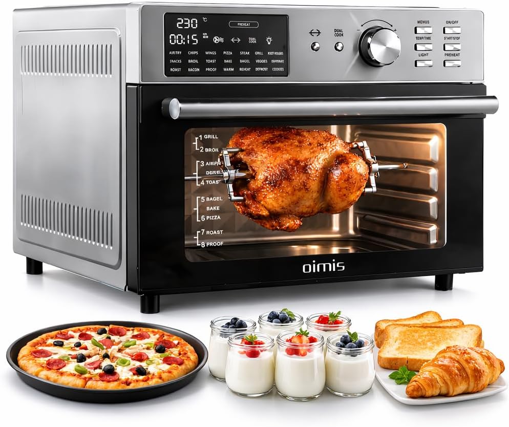Heißluftfritteuse XXL 1800 W, 30 °C – 230 °C Luftfritteuse, großes Fassungsvermögen für Familie mit Tür, Drehspieß, Grill, Joghurtbereiter, Toaster, Dörrgerät mit Dual Cook (Silber)