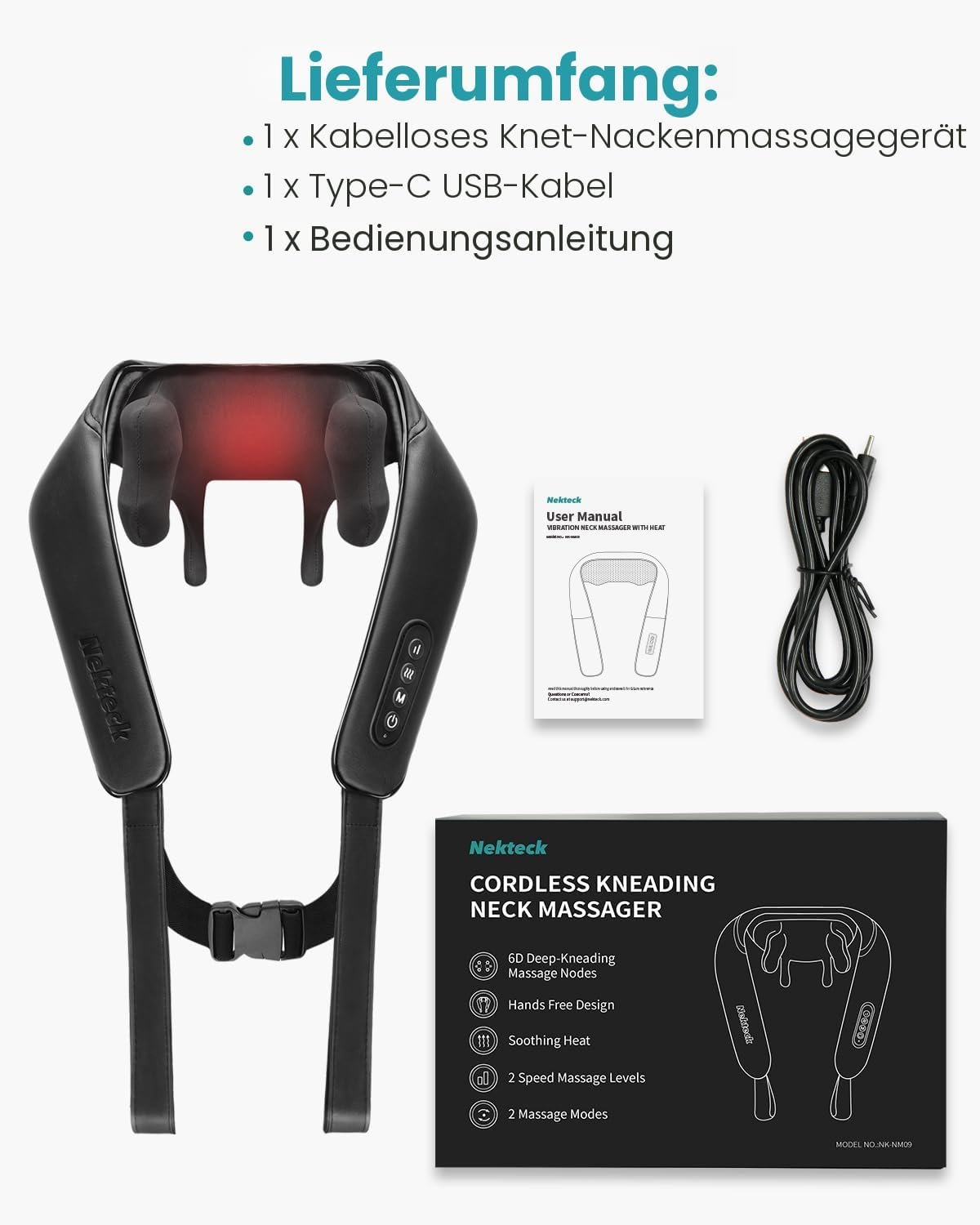Nekteck Nackenmassagegeräte Kabellos, Schultermassagegerät mit Wärme, 6D Deep Tissue Shiatsu Elektrische Rückenmassagegeräte gegen Muskelschmerzen für Zuhause, Büro und Auto, Schwarz – Bild 7