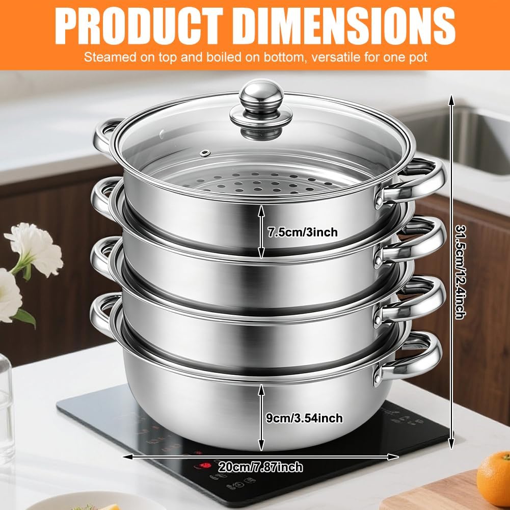 28 cm Dampfgarer, Edelstahl Dampfgarer mit Glasabdeckung, 3-stufiges Dampfgarers-Topfset, Ampfkocher Schongarer Induktion Dampfkochtopf, zum Garen von Gemüse, Meeresfrüchten, Suppen, Eintöpfen (4 Ebenen) – Bild 2