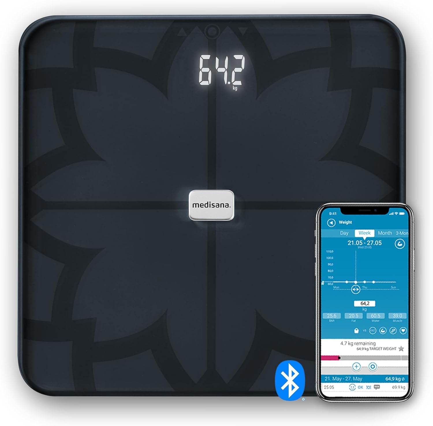 medisana BS 450 connect Digitale Personenwaage, Personenwaage, Körperfettwaage mit App, Messung von Körperfett, Körperwasser, Muskelmasse & Knochengewicht, Schwarz