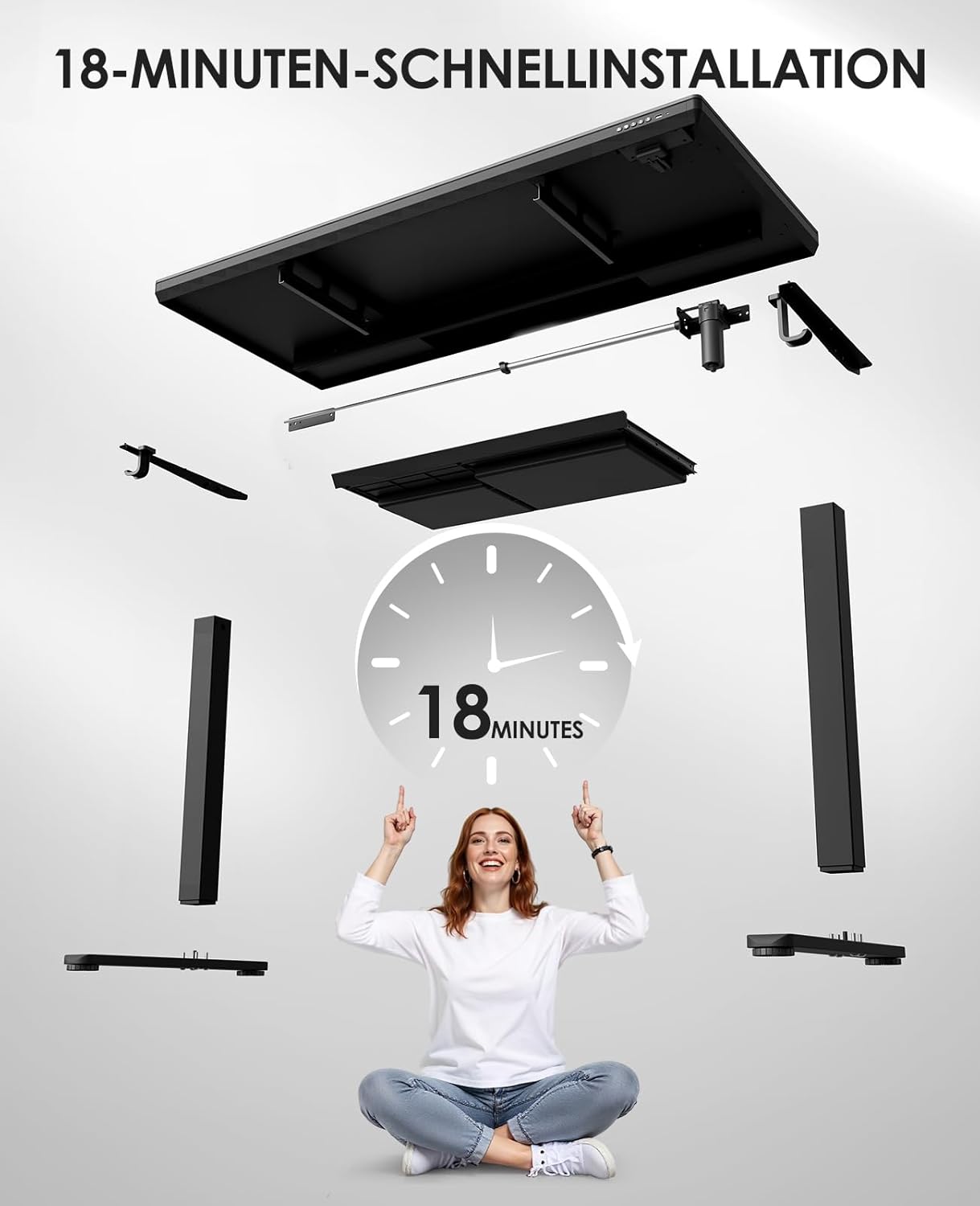 OffiGo Glas höhenverstellbarer Schreibtisch, 140 x 60 cm, elektrischer Schreibtisch mit Schublade, ganze Tischplatte mit USB und Typ-C, Stehpult, Stehsitz, Glastisch für Home Office, Büro, Schwarz – Bild 9