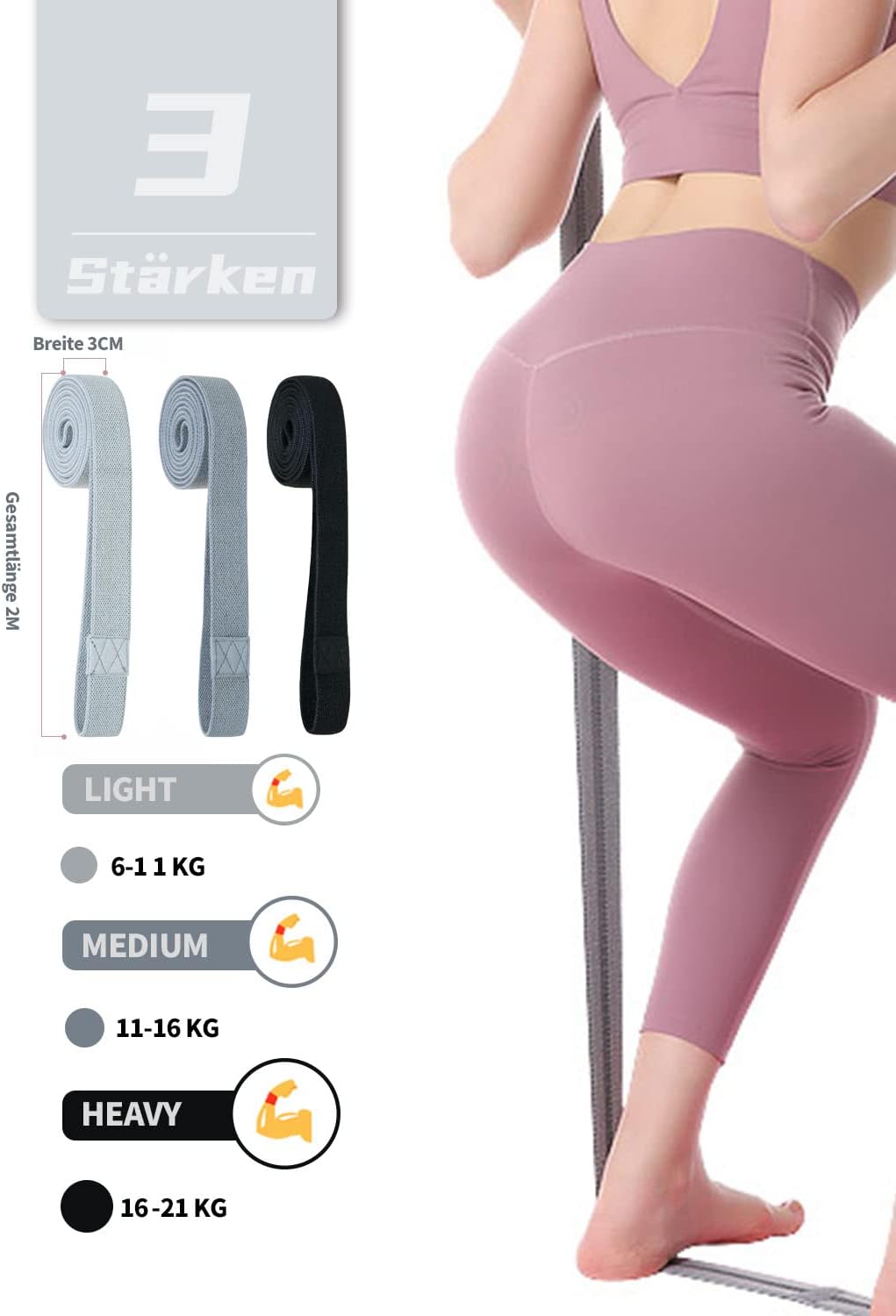 Fitnessbänder Lang Stoff Trainingsbänder Pilates, 3er Set Widerstandsbänder rutschfeste Sportbänder Gymnastikband Widerstandsbänder Krafttraining Fitnessband Stretchband Fitness Workout – Bild 2