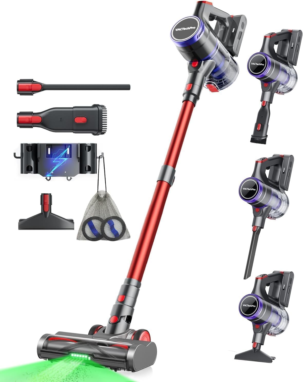 VACTechPro 55KPa/600W Akku Staubsauger Kabellos, 70Min Laufzeit, Akkustaubsauger mit 1,6-Liter-Staubbehälter, 8-Schicht-Filterung, Super Leise, Anti-Tangle Bodenbürste für Hartböden, Violett und Rot