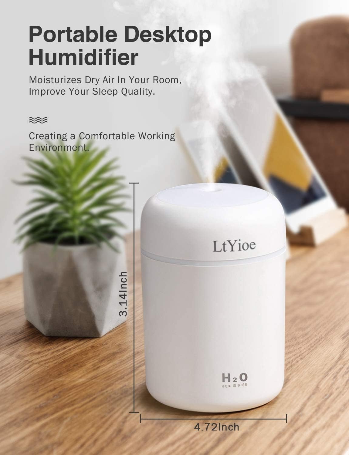 LtYioe Luftbefeuchter, persönlicher Desktop-Mini-Luftbefeuchter mit bunter, kühler Nachtlichtfunktion, automatischer Abschaltung und superleise für Auto, Büro, Schlafzimmer (weiß) – Bild 2