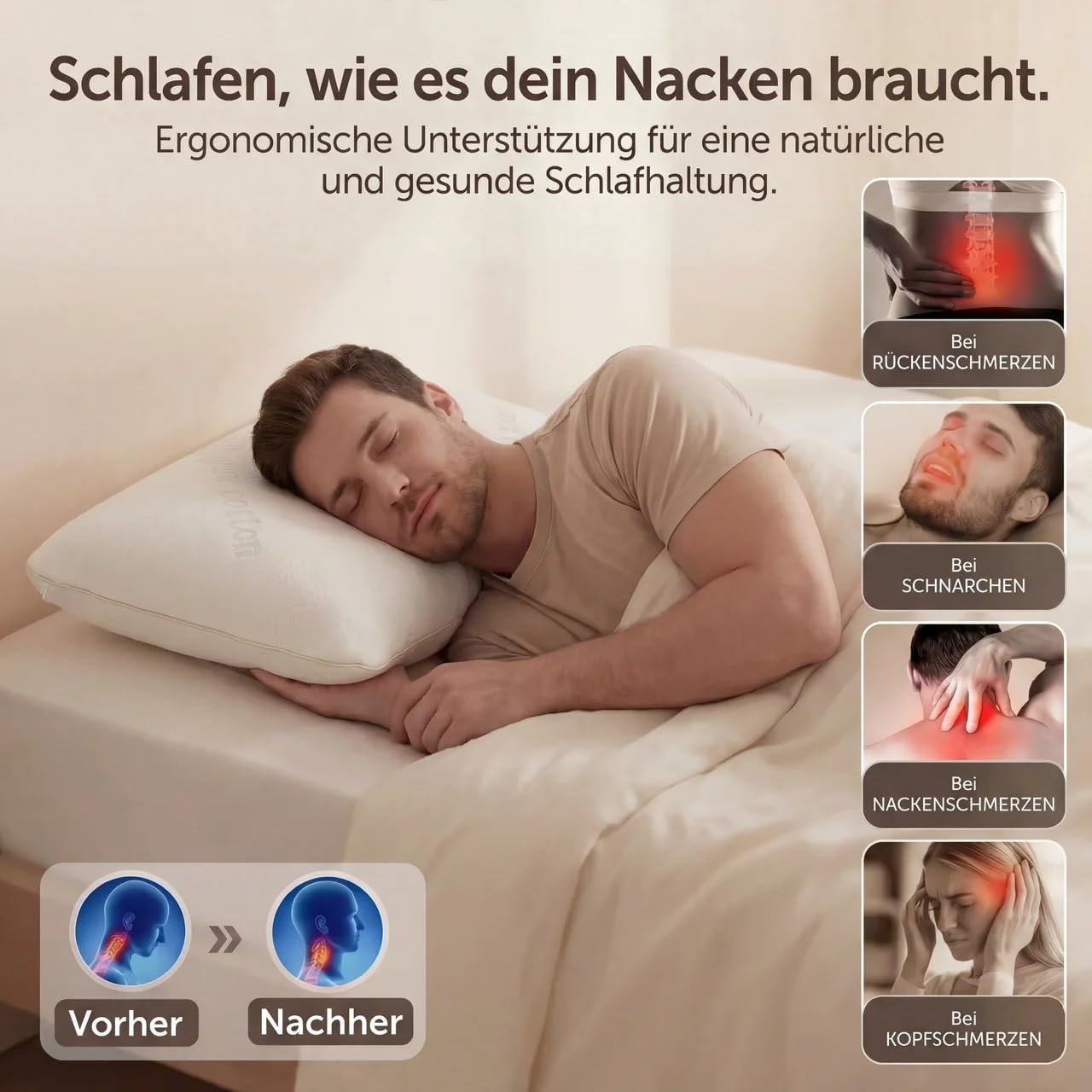 Bio-Baumwolle, orthopädisches Nackenstützkissen – mittelfest – für breite Schultern, Visco-Kissen, ergonomisch, hautfreundlich, natürlicher Schlafkomfort, Memory-Schaum-Kissen 15 cm hoch – Bild 7