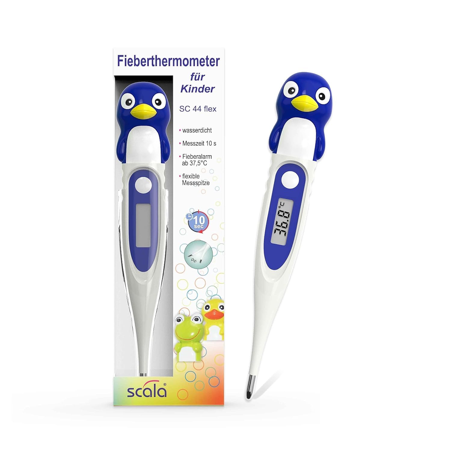 scala SC 44 flex Digitales Fieberthermometer für Babys und Kinder – 10 Sekunden Messzeit, flexible Spitze, Fieberalarm, wasserdicht – oral, rektal und axillär – Pinguin-Motiv – Bild 8
