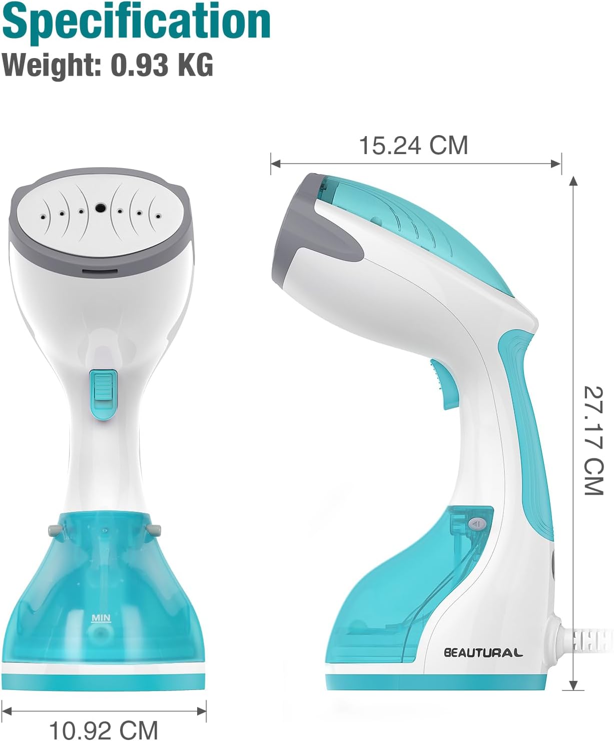 BEAUTURAL Dampfgarer, Dampfgarer, schnelles Aufheizen, 260 ml Wassertank, automatische Abschaltung, Faltenentferner für Kleidung, ideal für Zuhause, Büro, Reisen, Himmelblau – Bild 7
