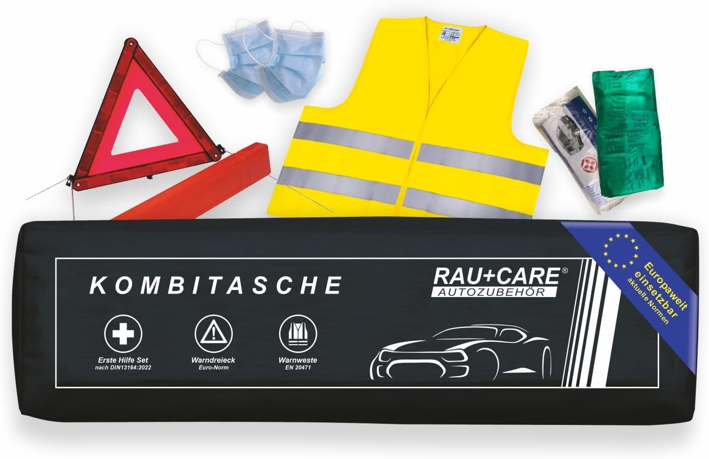 Rau Auto-Kombitasche schwarz 3-in-1 – aktuelle Norm 2025 – geprüft – inkl. Warndreieck, Warnweste – Verbandstasche Auto DIN 13164:2022 – erfüllt alle StVO-Vorschriften –