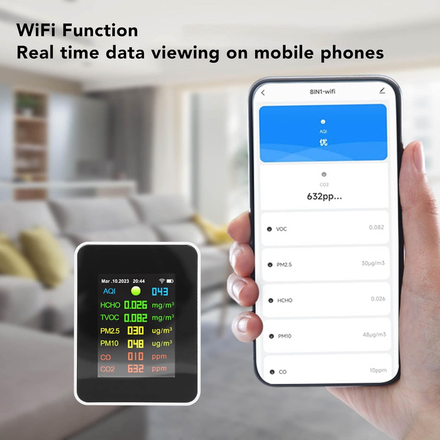 9-in-1-Luftqualitätsmonitor, WiFi-Raumluftqualitätstester, erkennt organische Schadstoffe PM2,5, PM10, HCHO, CO, CO2, Temperatur- und Luftfeuchtigkeitsmesser, 2000 mAh – Bild 9