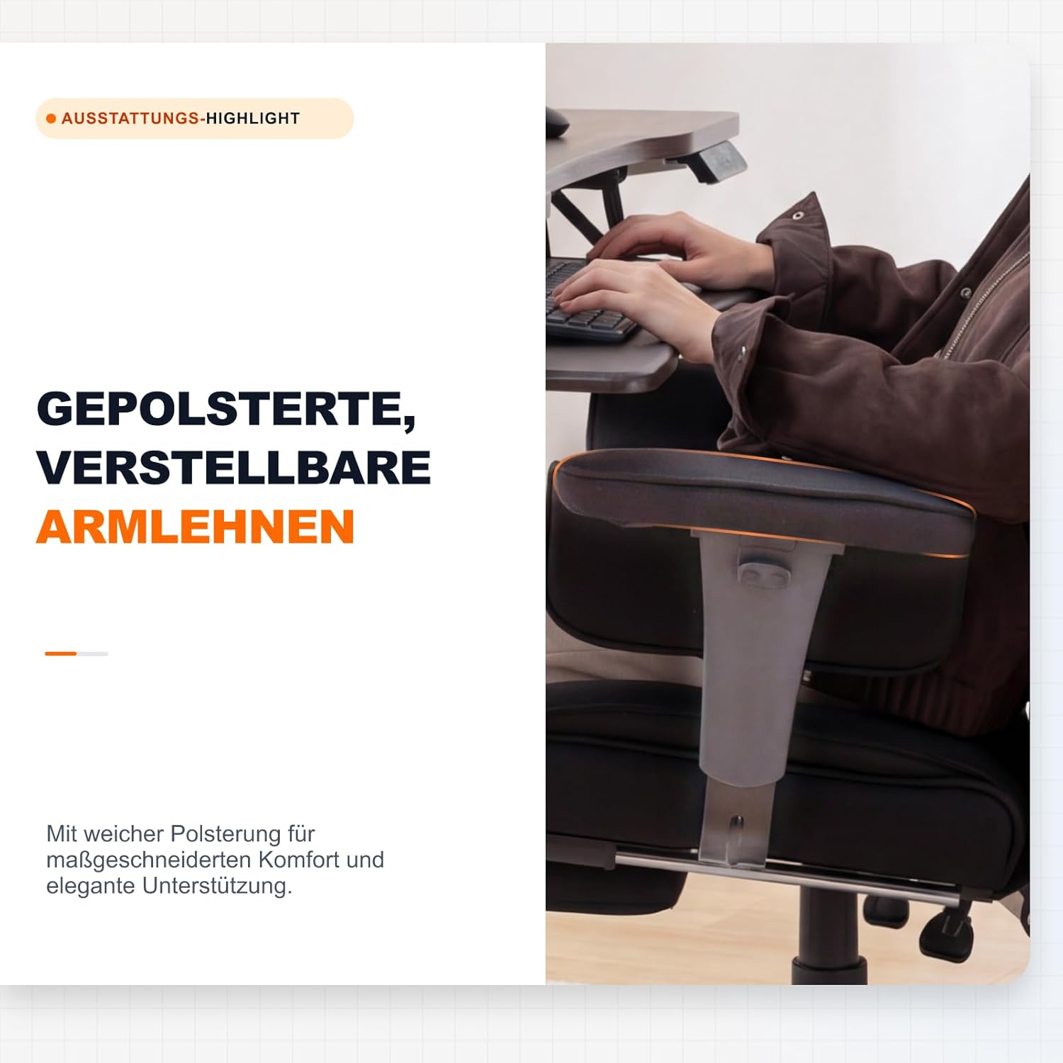 Dowinx Gaming Stuhl, Bürostuhl Ergonomisch mit Taschenfeder-Kissen, Chefsessel mit doppellagiger weicher Rückenlehne und verstellbaren Lendenkissen, Armlehnen und Fußstütze, Stoff-Schwarz – Bild 6