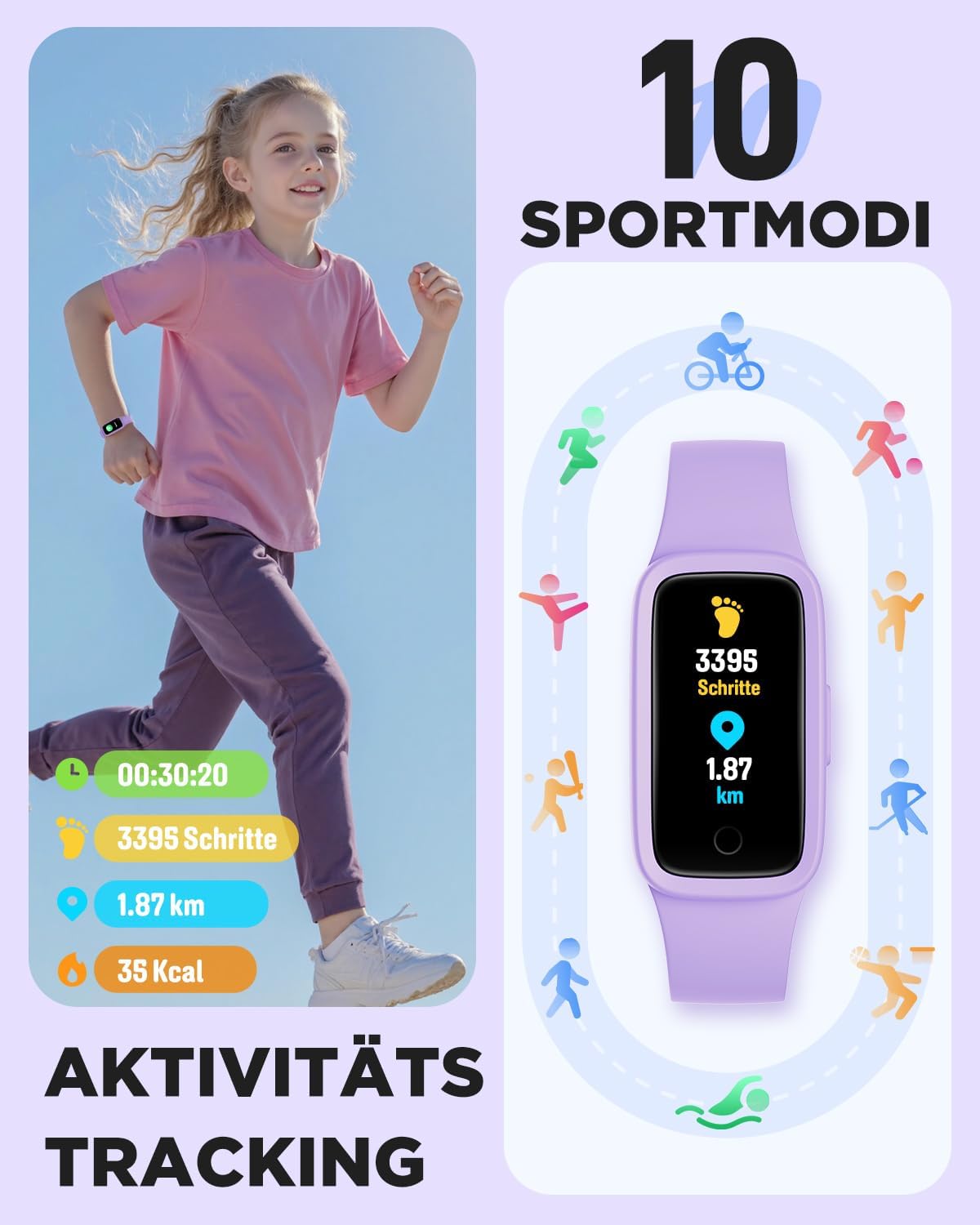 BIGGERFIVE Vigor 3 Kinder-Fitness-Armbanduhr mit AMOLED-Display ohne App und ohne Smartphone, 3ATM wasserdicht, Herzfrequenzmesser, Schlaftracker, Fitnessuhr, Sportuhr, Schrittzähler für Mädchen 5-12 Jahre, Lila – Bild 4