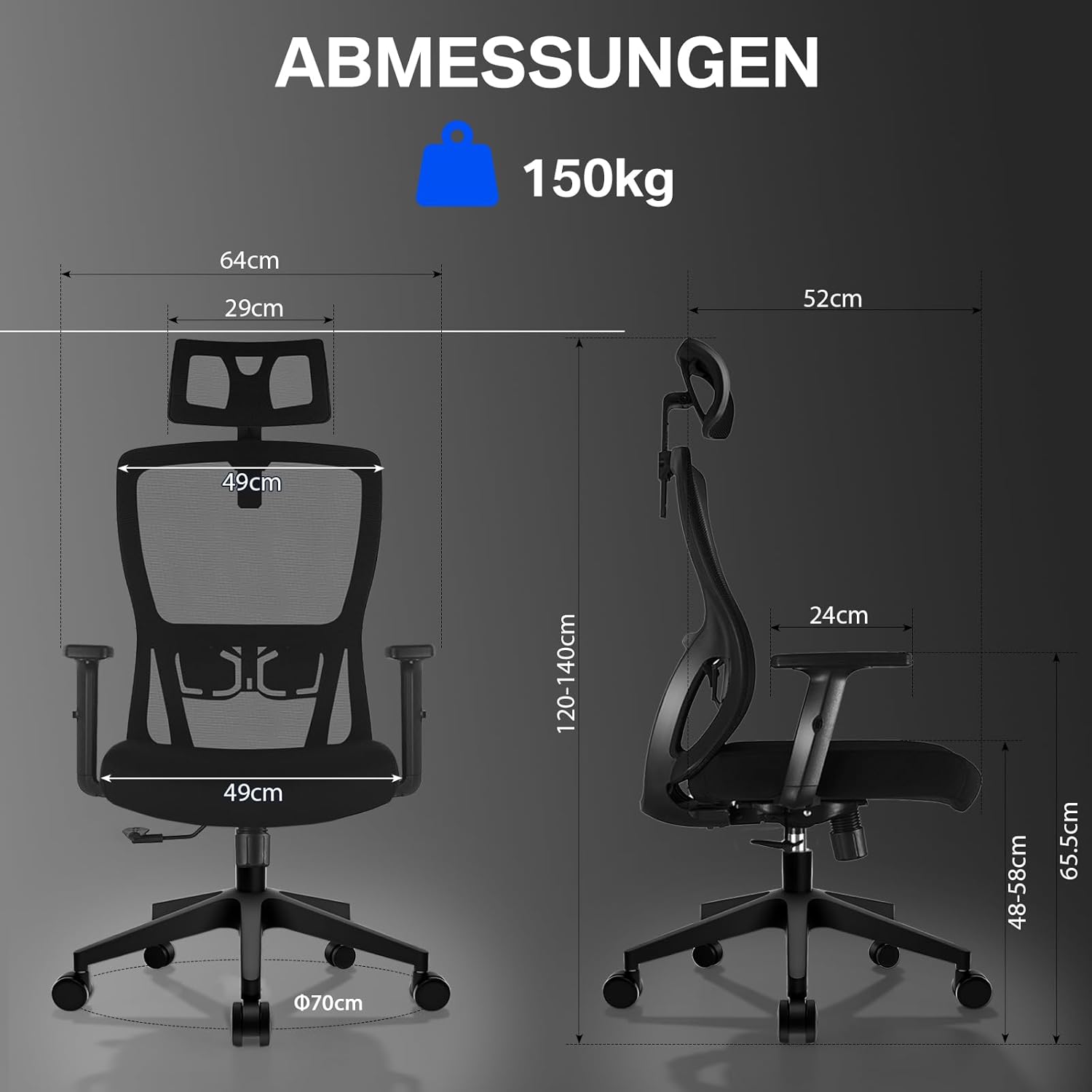 Durrafy Ergonomischer Bürostuhl, Schreibtischstuhl mit hoher Rückenlehne, verstellbarer Lordosenstütze, Kopfstütze & Armlehnen, Drehstuhl mit Liegefunktion, Bürostuhl bis 150 kg belastbar, Schwarz – Bild 3