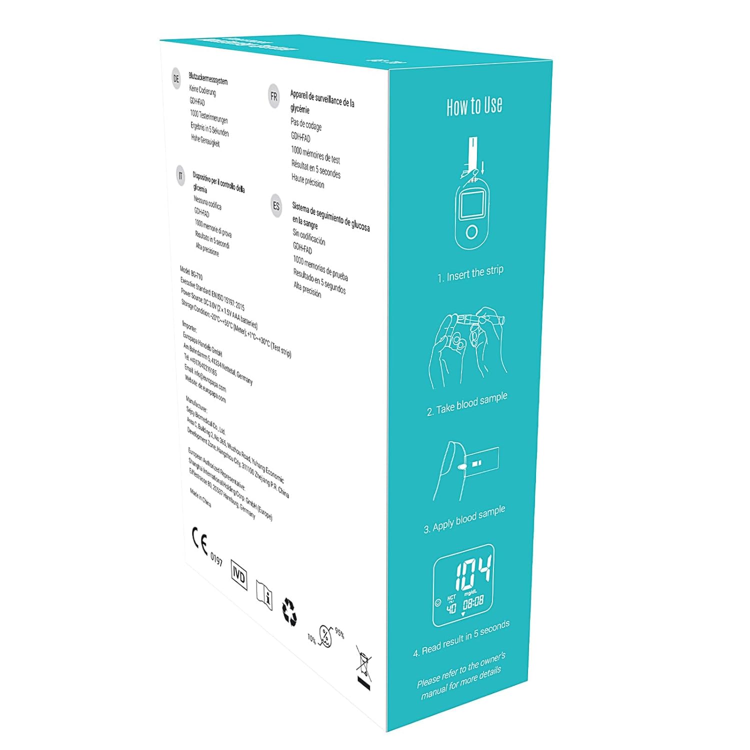 EUROPAPA Blutzuckermessgerät mit Blutzucker-Teststreifen, Blutlanzetten und Stechhilfe, Blutzucker-Messsystem Diabetes-Set mg/dL zur Blutzucker-Selbstkontrolle, 50 Stück Lanzetten- & BZ-Streifen (schwarz) – Bild 7