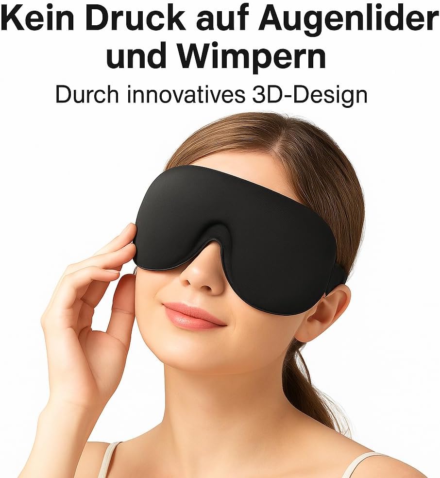 3D-Schlafmaske, blickdichte Schlafmaske für Damen und Herren, für Seitenschläfer, bequeme Augenmaske mit Augenraum, Schlafmaske aus Baumwolle, verstellbar, Reisen, Festival, Camping (schwarz, 1er-Set) – Bild 3