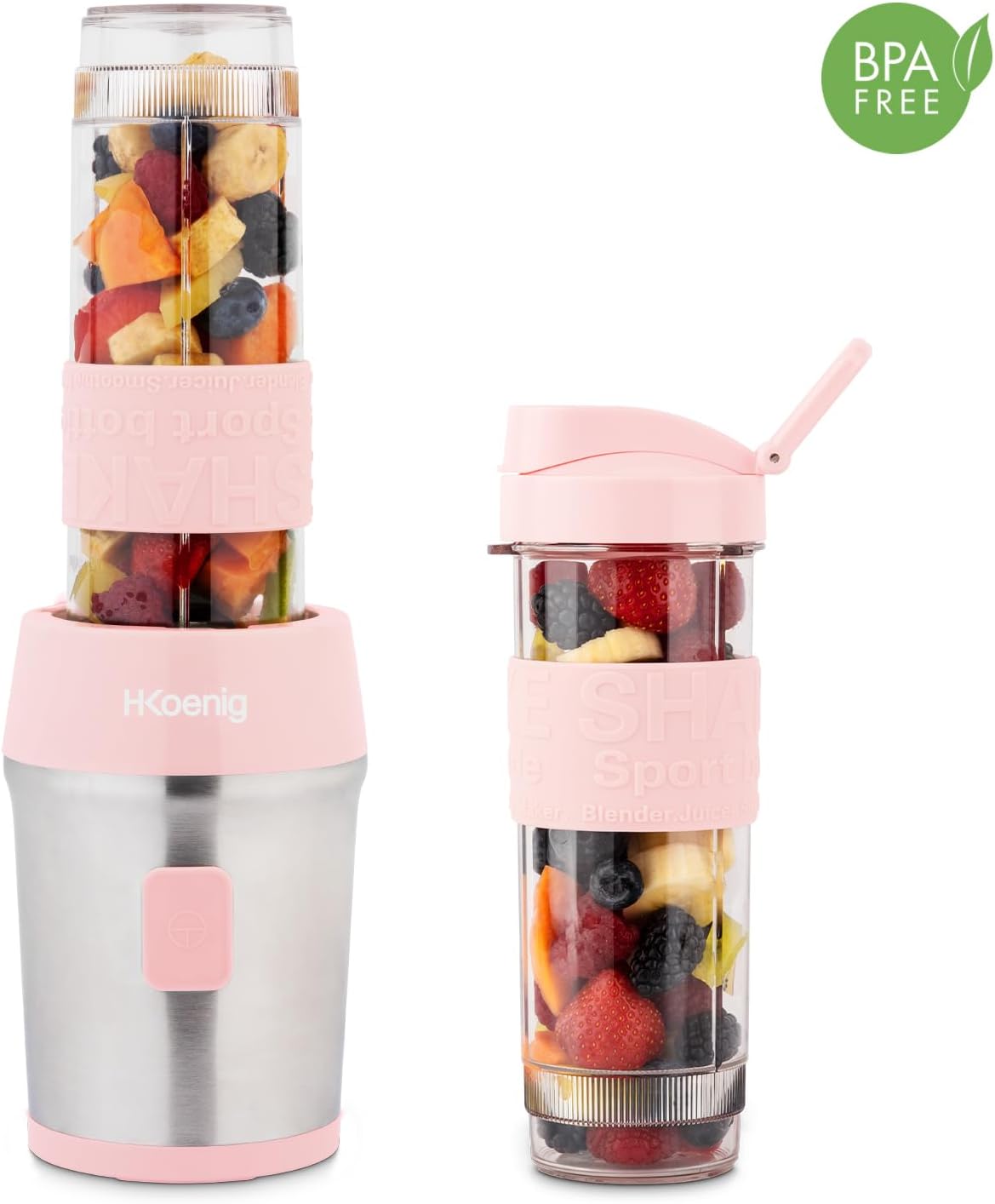H.Koenig Mini Smoothie Maker Standmixer, Mixer elektrisch, tragbar, kompakt, 570 ml, SMOO12, BPA-frei, leistungsstark 300 W, Smoothie-Mixer 2 tragbare Flaschen, Edelstahlklingen, Pastellrosa – Bild 9