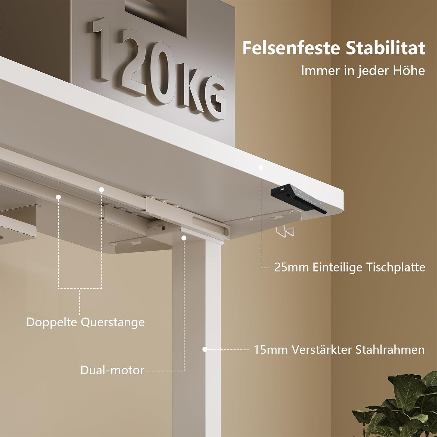 TRIUMPHKEY Höhenverstellbarer Schreibtisch, 160 x 80 cm, elektrischer Stehpult mit Dual-Motor, Touchscreen, USB-A & Kabelmanagement, 25 mm einteilige Tischplatte, ergonomischer Bürotisch, Weiß – Bild 2