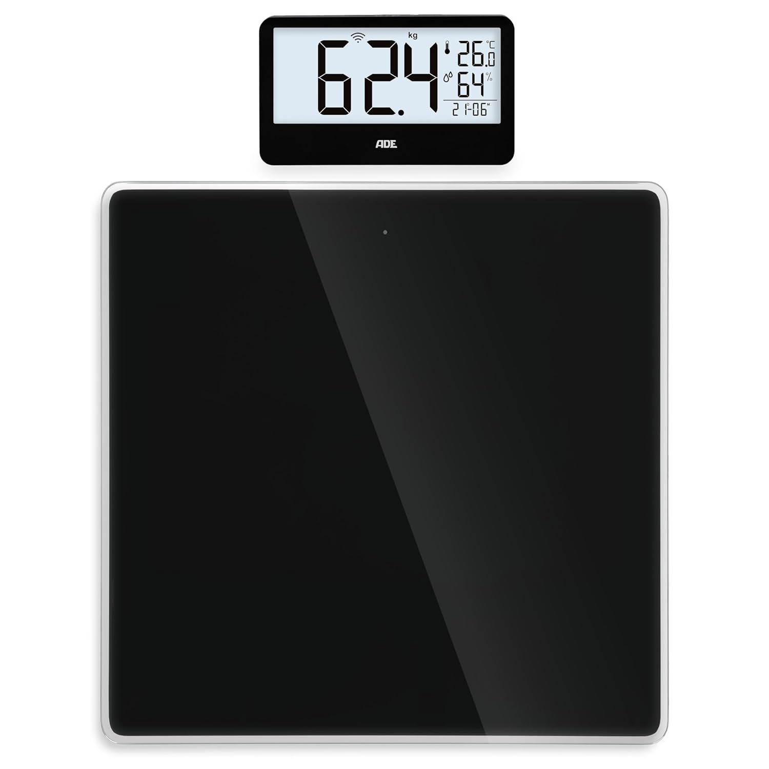 ADE Ronja Digitale Personenwaage mit kabelloser Anzeige bis 180 kg | Lesen Sie auf Augenhöhe, ohne sich zu bücken | Ideale Körperwaage für Senioren | mit Badeuhr, Hygrometer, Innenthermometer | Schwarz