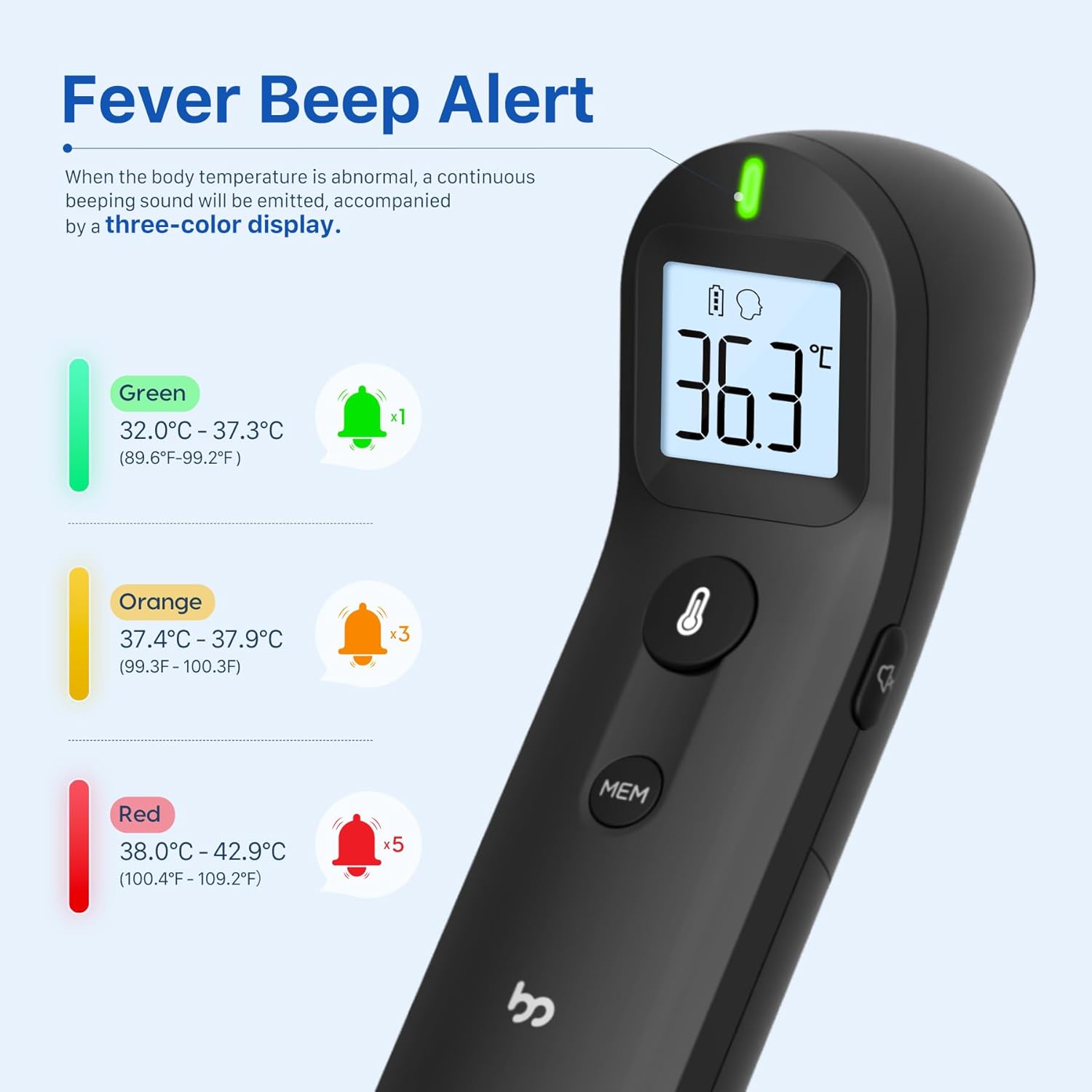 Kontaktloses Fieberthermometer für Babys und Erwachsene, digitales Stirnthermometer, Infrarot-Thermometer mit sofortiger, genauer Ablesung, Fieberalarm, Schwarz – Bild 3