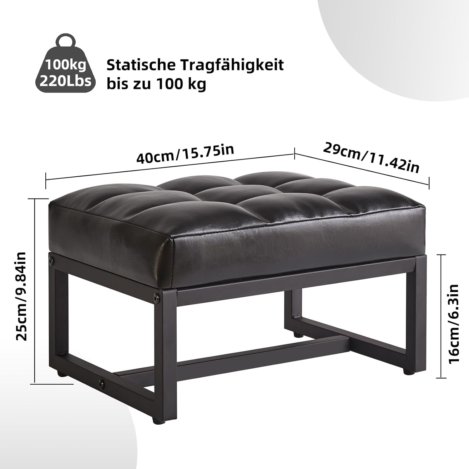 Aibiju Fußhocker, kleine osmanische Fußstütze, rechteckiger Ottoman mit stabilem Metallrahmen, Sofa-Fußstütze, zusätzliche Sitzgelegenheiten für Wohnzimmer, Eingangsbereich, Büro, Schwarz YD-JD139B – Bild 3