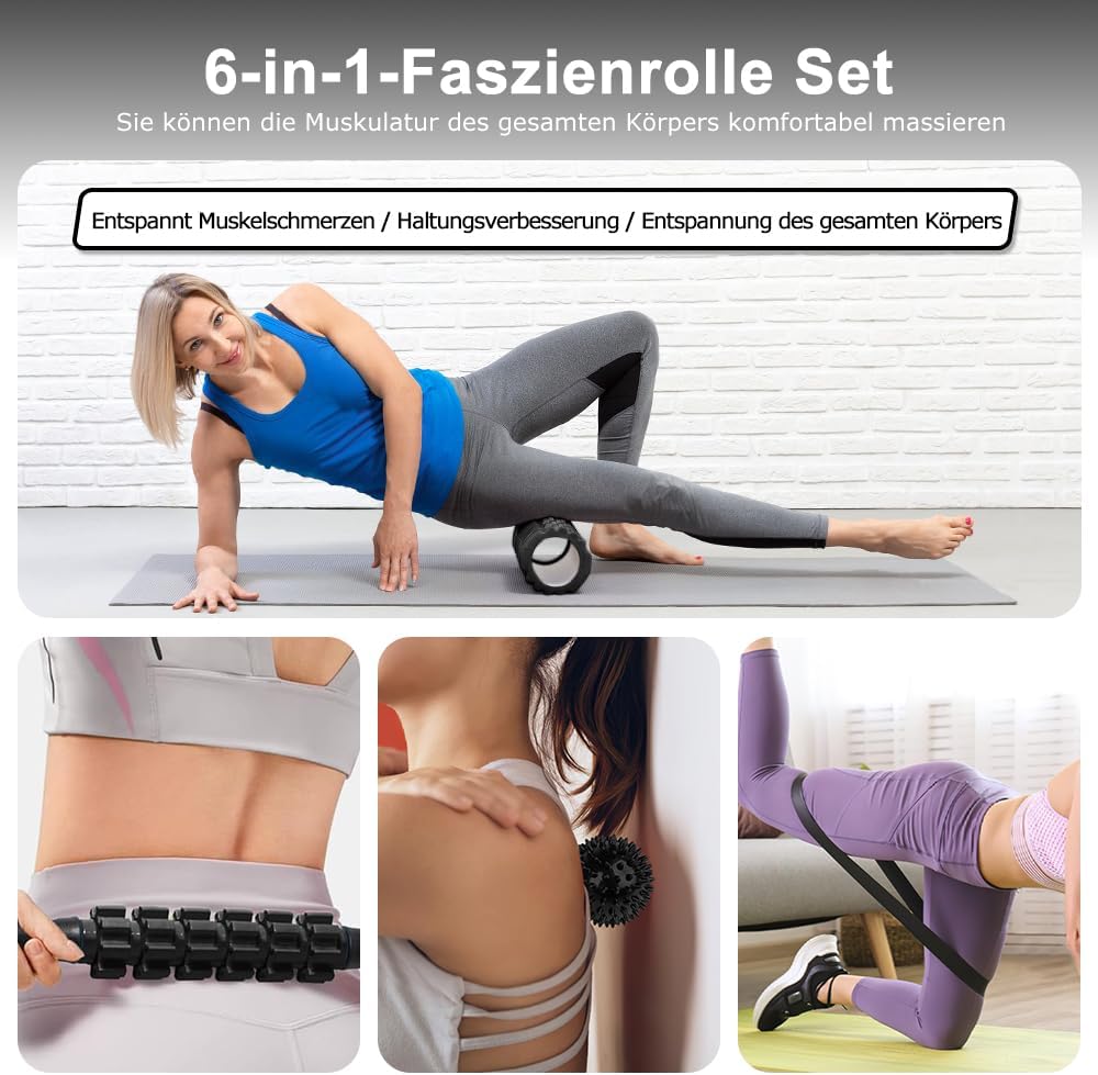 Faszienrolle, Qveetry 6-in-1 Schaumstoffrolle, Faszienrollen-Sets mit Massagerollerstange, Widerstandsbänder, Krafttraining, Massageball, Fitnessbänder, 33 cm Schaumstoffrolle für Yoga, Pilates, Sport – Bild 8