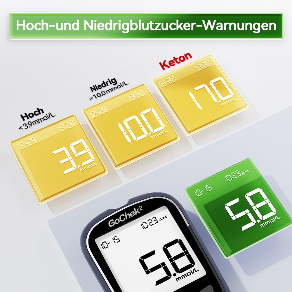 MicroTech Blutzuckermessgerät-Set mit 10 Teststreifen und Lanzetten, ohne Codierung, 500 Speicher, breiterer HKT für die Familie (mmol) – Bild 4