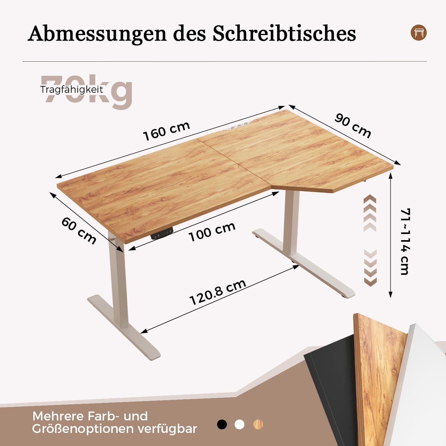 Klicelor Höhenverstellbarer Schreibtisch 160 x 90 cm, elektrischer Stehsitz, Bürotisch, Computertisch mit 2 Memory-Funktionen, Stehpult, für Heimbüro und Büro, hellbraun – Bild 2