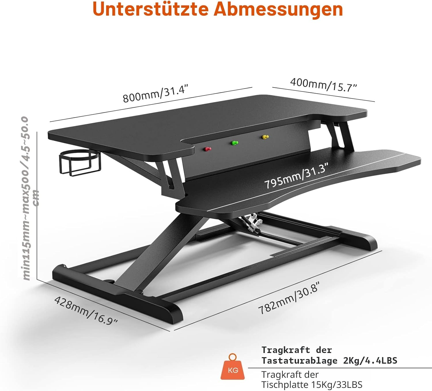 PUTORSEN Stehsitz-Schreibtisch, 32 Zoll Zweistufiger Stehpult-Konverter mit Tastaturablage, höhenverstellbarer Stehpult-Erhöhung mit Getränkehalter und Notiztafel bis 15 kg, Schwarz – Bild 3