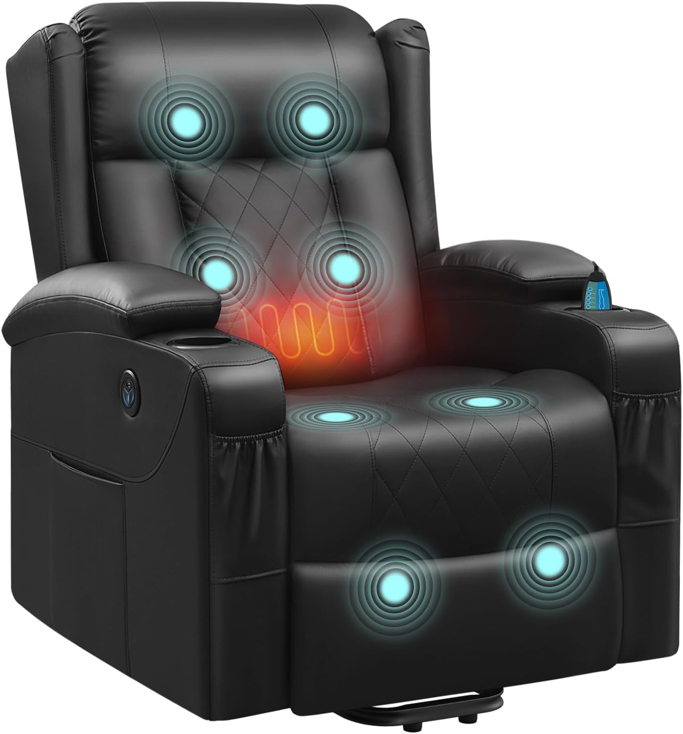 WOLTU Elektrisch verstellbarer Massagesessel mit Liegefunktion, Aufstehhilfe, Massage, Heizung, Fußstütze, Seitentaschen, Getränkehalter, USB-Anschluss, Kunstleder, Schwarz