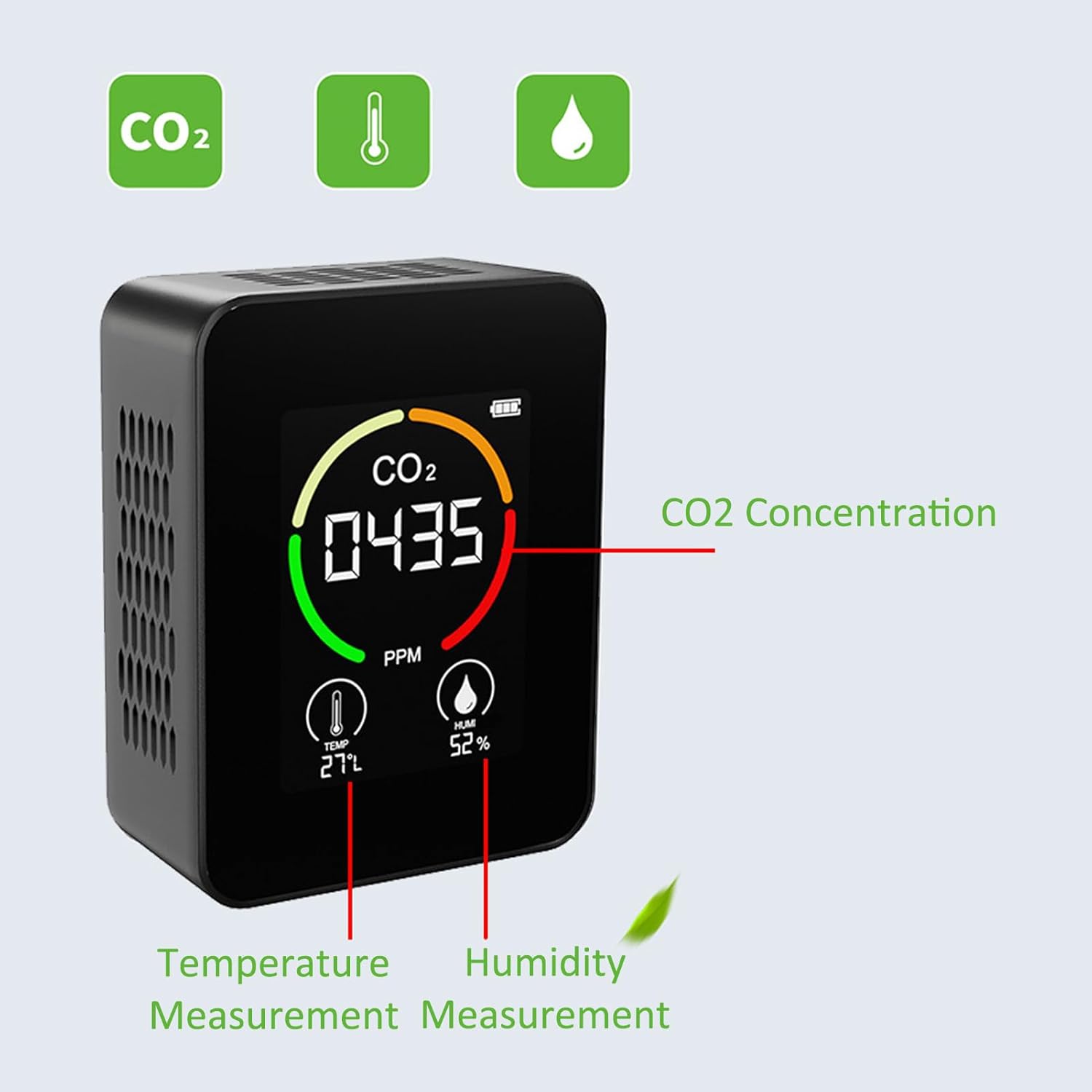 CO2-Detektor, 400~5000 PPM CO2-Sensormessgerät mit automatischer Kalibrierung, Temperatur-Feuchtigkeitssensor mit Digitalanzeige (schwarz) – Bild 3