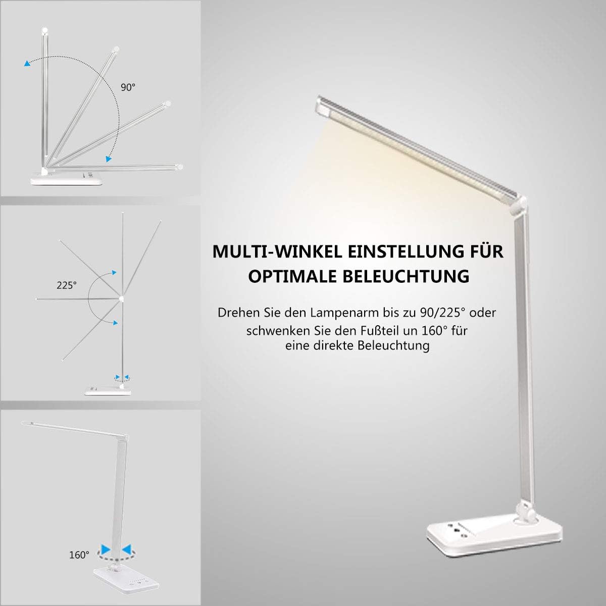 SLATOR QM019 LED-Schreibtischlampe, dimmbare Tischlampe, 5 Farben und 10 Helligkeitsstufen, Nachttischlampe, USB-Anschluss zum Aufladen des Smartphones, Leselicht für Leser, Kinder, Aluminium, Silber – Bild 5