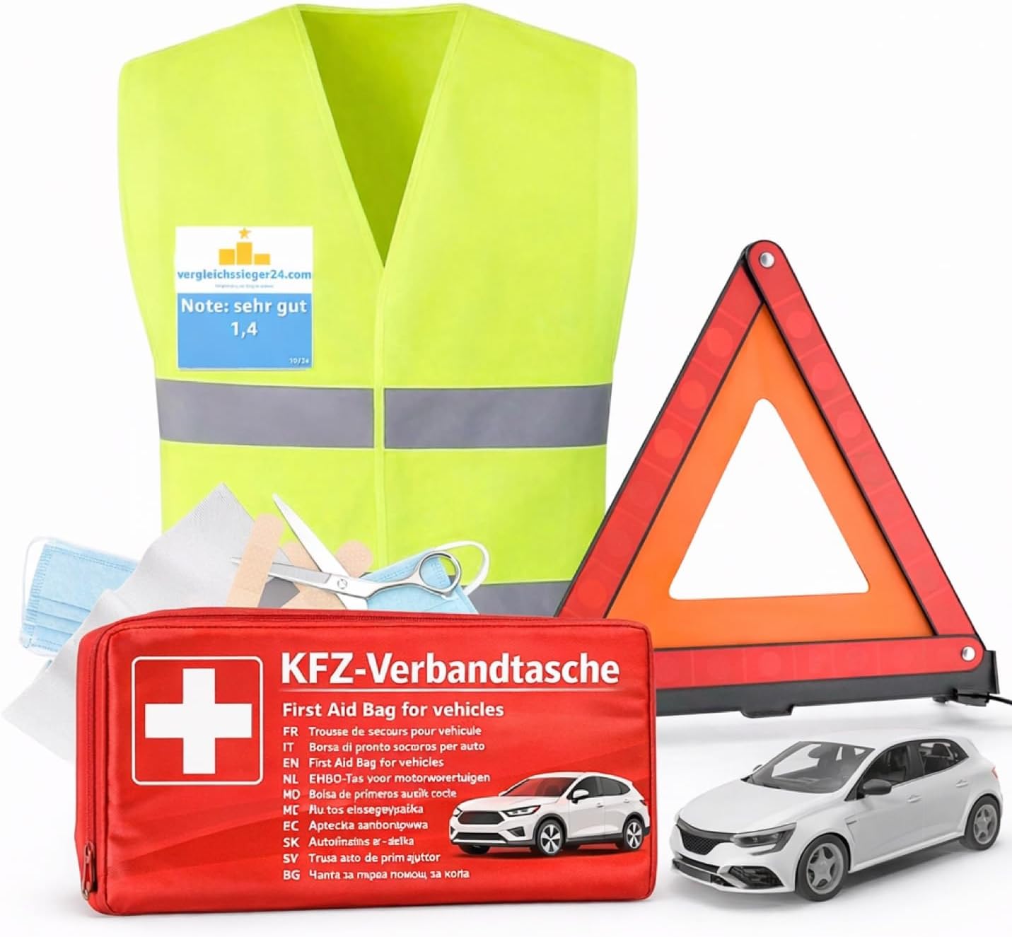 TK Gruppe Timo Klingler 6 in 1 - Kfz-Erste-Hilfe-Set 2022 - Kfz-Verbandkasten Auto - Verbandstasche & Warnweste Pannenweste Unfallweste & Warndreieck - Autozubehör für TÜV