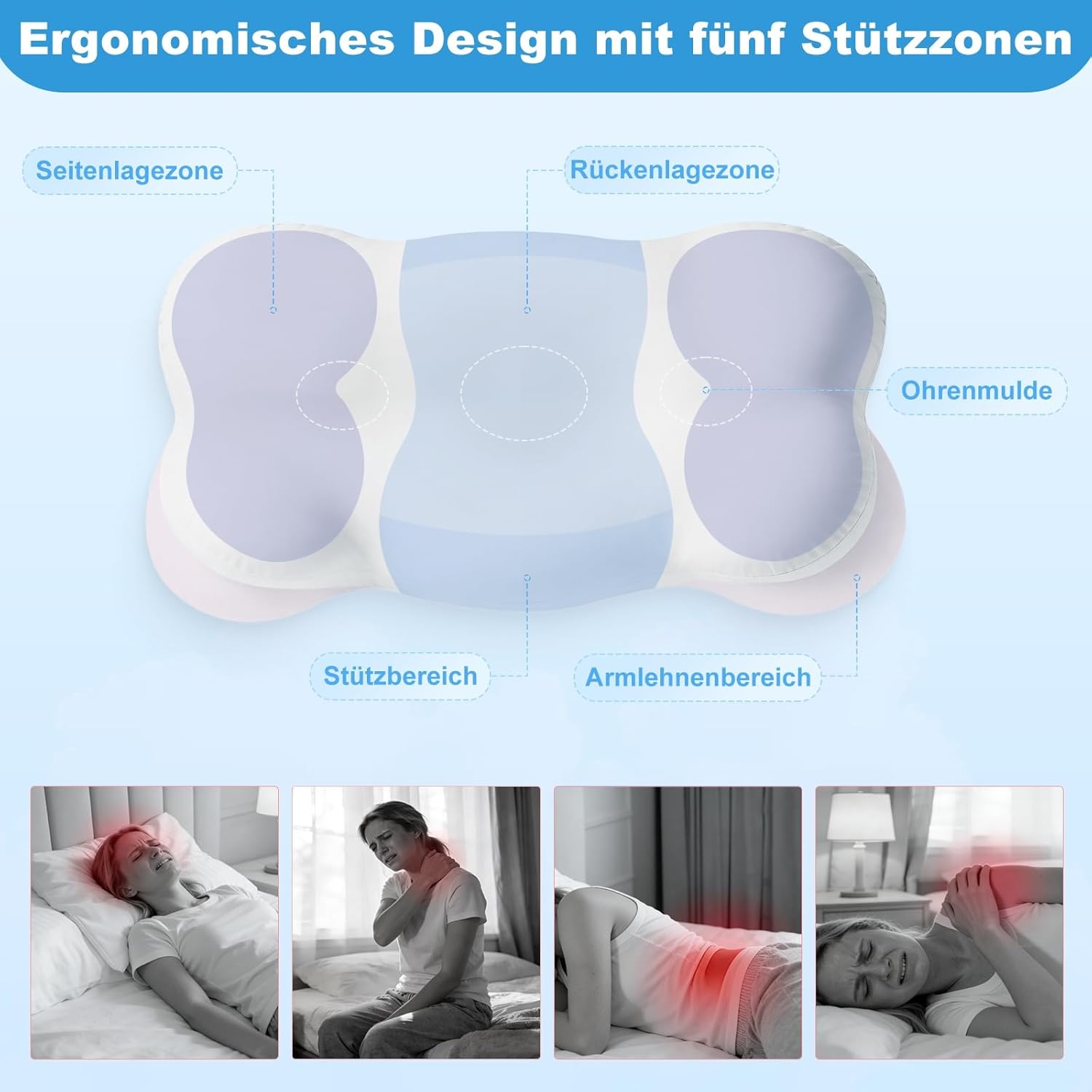 Mailirious Nackenkissen, Memory-Schaum-Kissen, ergonomisches Nackenstützkissen, lindert Nackenschmerzen, für Seiten-, Rücken- und Bauchschläfer, mit 2 abnehmbaren Kissenbezügen, 69 x 38 x 9/11 cm – Bild 3