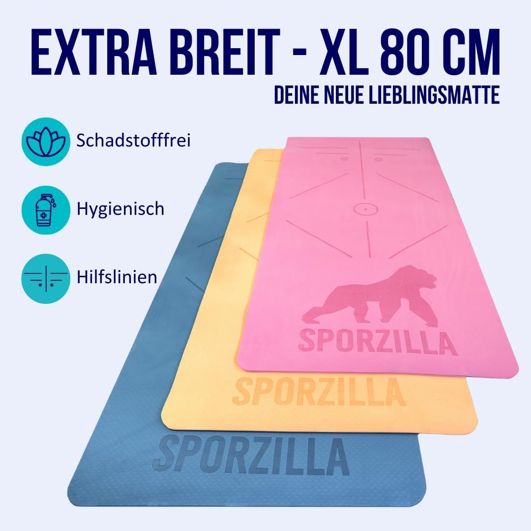 Premium XL Fitnessmatte, Yogamatte, extra breit 80 cm, 8 mm dick, rutschfest & schadstofffrei, mit Hilfslinien – Bild 2