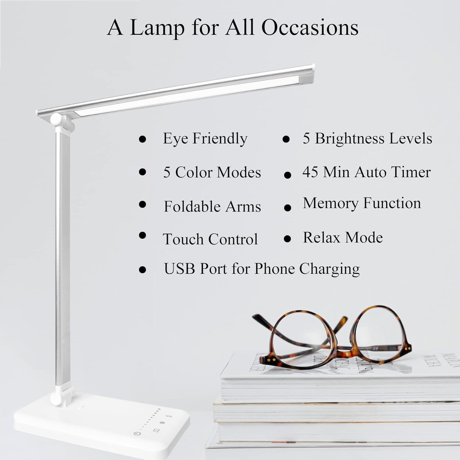 Schreibtischlampe, LED-Tischlampe, dimmbar mit 5 Helligkeitsstufen, 5 Farben, USB-Anschluss, Auto-Timer, Touchpanel, Memory-Funktion, augenfreundliche Nachttischlampe für Kinder Mädchen – Bild 2