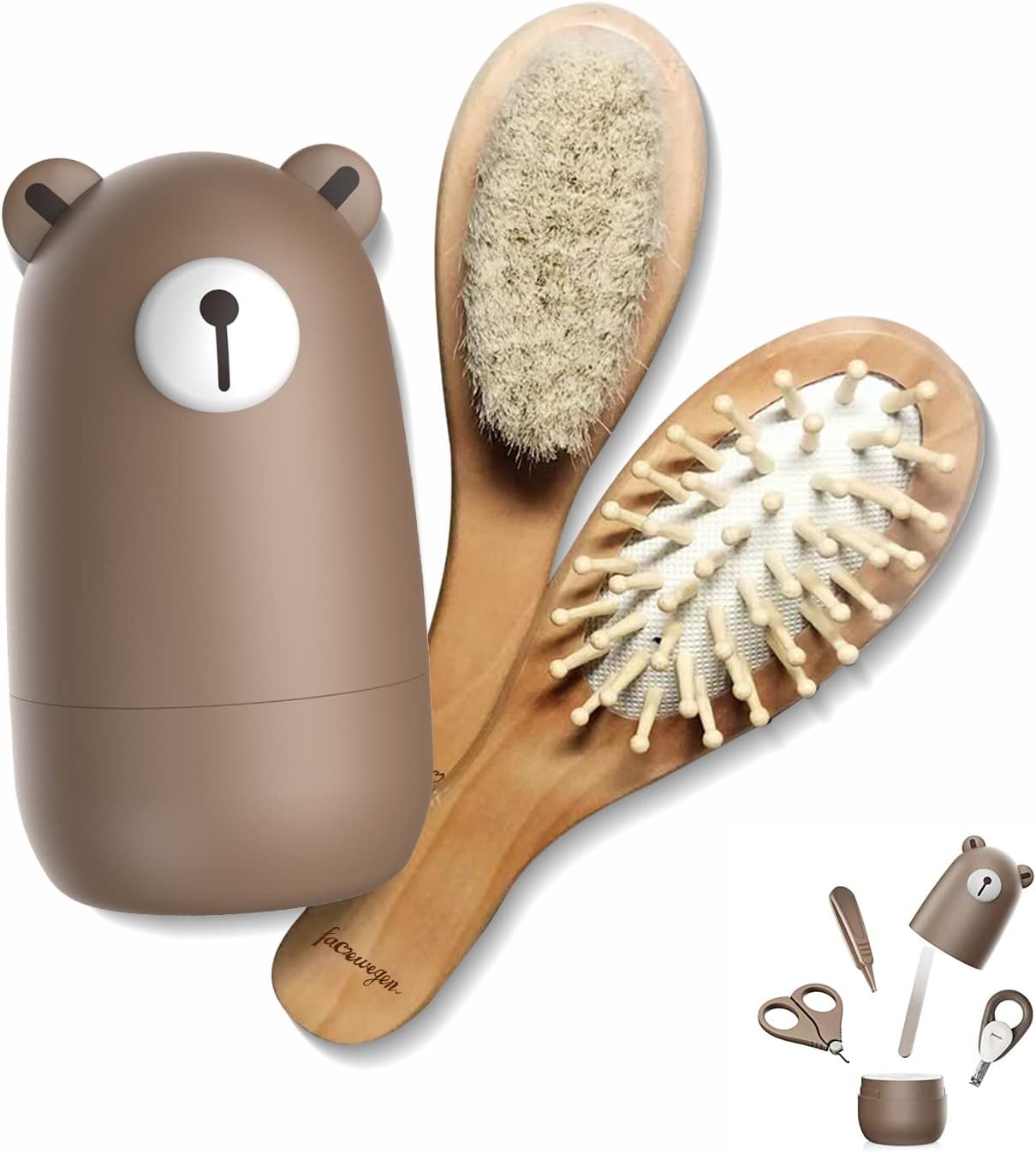 Baby 6-in-1-Pflegeset, Haarbürste und Kamm aus Naturholz, Nagelschere, Nagelfeile und Pinzette für Kinder und Neugeborene in süßer Geschenkverpackung