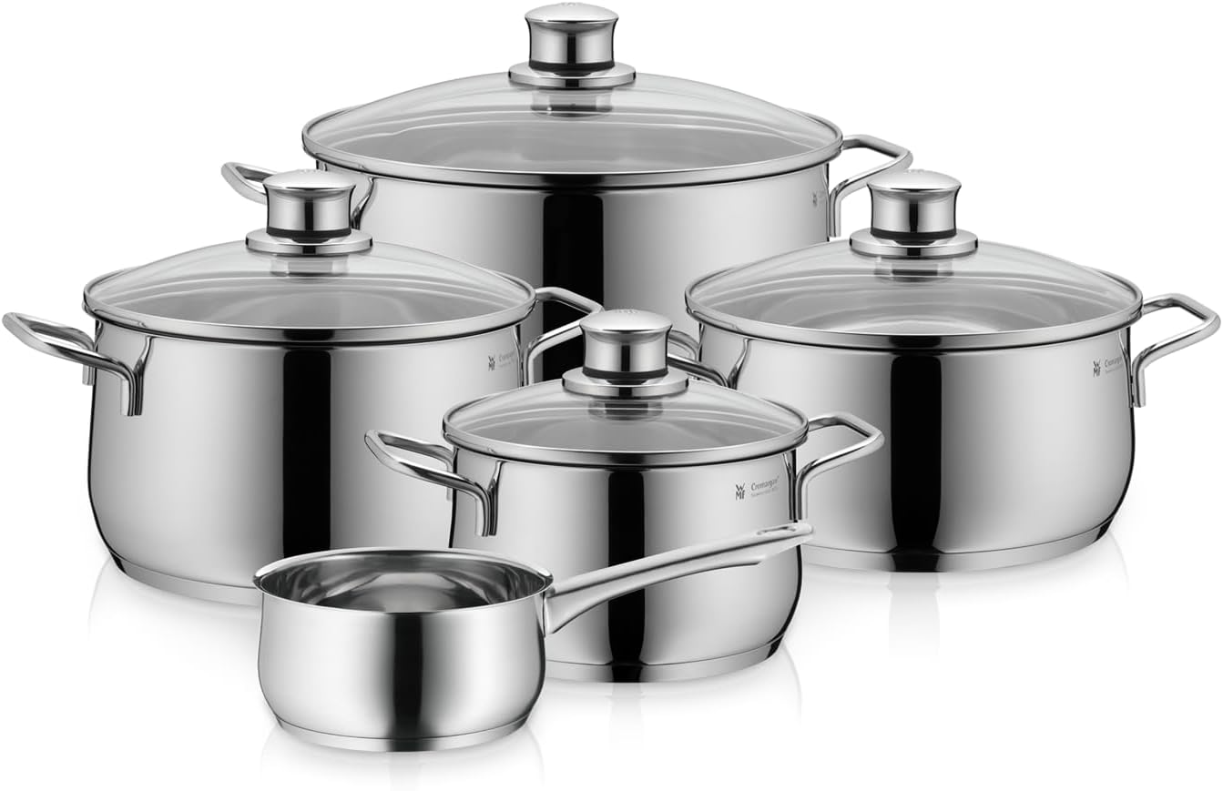 WMF Diadem Plus 5-teiliges Induktions-Kochtopf-Set mit Glasdeckel, Cromargan-Edelstahl poliert, Induktions-Topf-Set, unbeschichtet