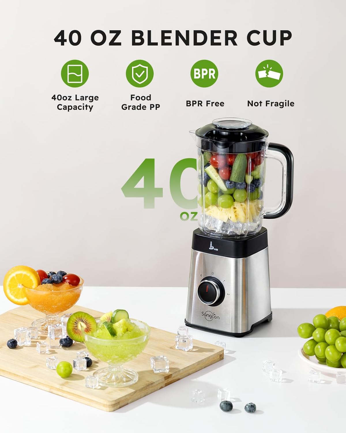 Sangcon 5-in-1-Standmixer und Smoothie-Maker, 500 W für Shakes und Smoothies aus Fleisch, gehacktem Fleisch, 3 Geschwindigkeitsstufen mit Pulse-Funktion, 40 oz Glas und 17 oz mit Deckel aus Edelstahl – Bild 2