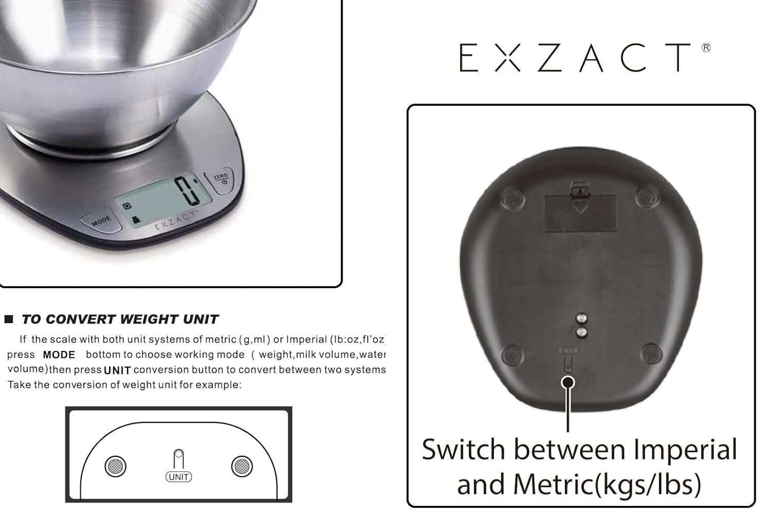 Elektronische Küchenwaage von Exzact – EX4350 – Premium-Wiegewaage für Nass- und Trockenlebensmittel mit großem Display und Edelstahl-Rührschüssel – 5 Kilogramm / 11 Pfund – Bild 6