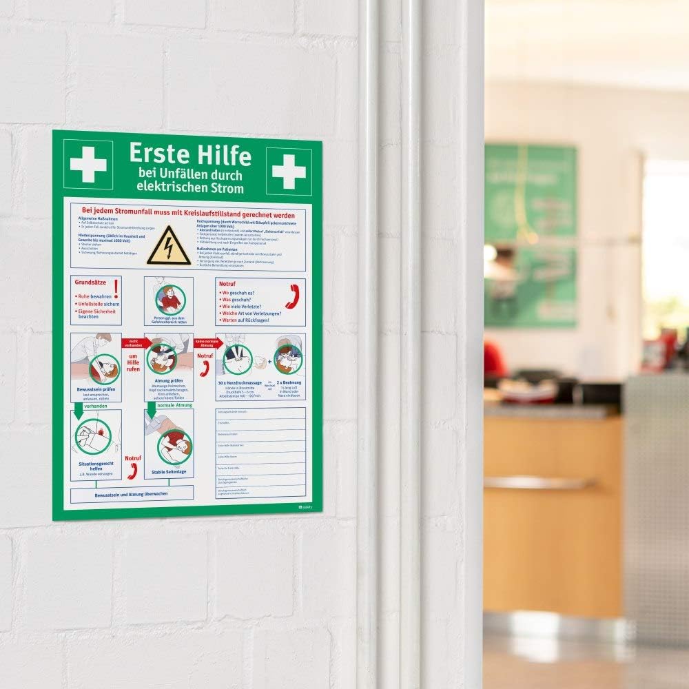 Erste-Hilfe-Schild bei Stromunfällen 400 x 560 mm – Erste-Hilfe-Leitfaden, Einsatzschild aus Hart-PVC, Rettungsschild, ein- oder beidseitig, Sicherheitskennzeichnung DIN EN ISO 7010 – Bild 3