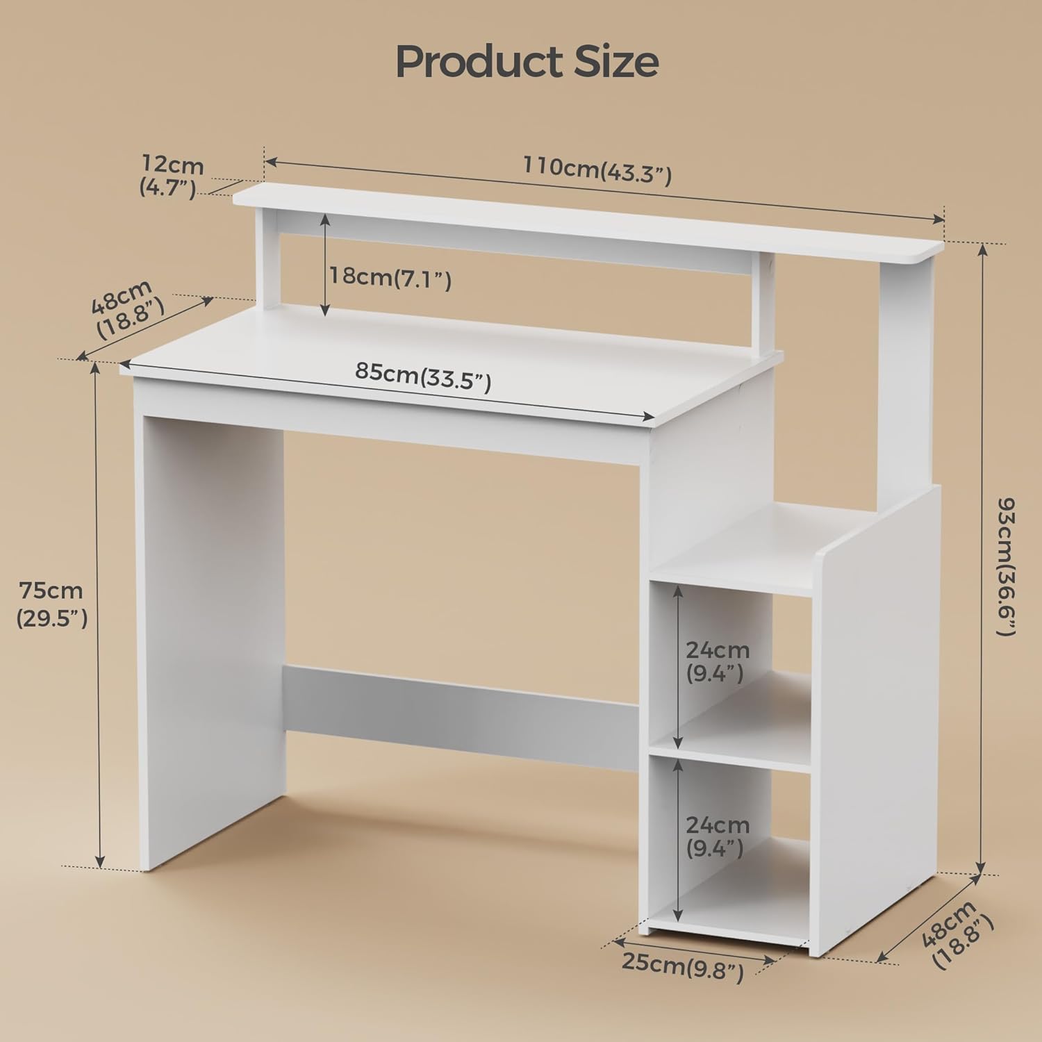 Mondeer Schreibtisch, Computertisch mit verstellbarer Ablage, kompakter Bürotisch mit Monitorständer, 110 x 48 x 93 cm, für Arbeitszimmer, Büro, Schlafzimmer, Weiß – Bild 3
