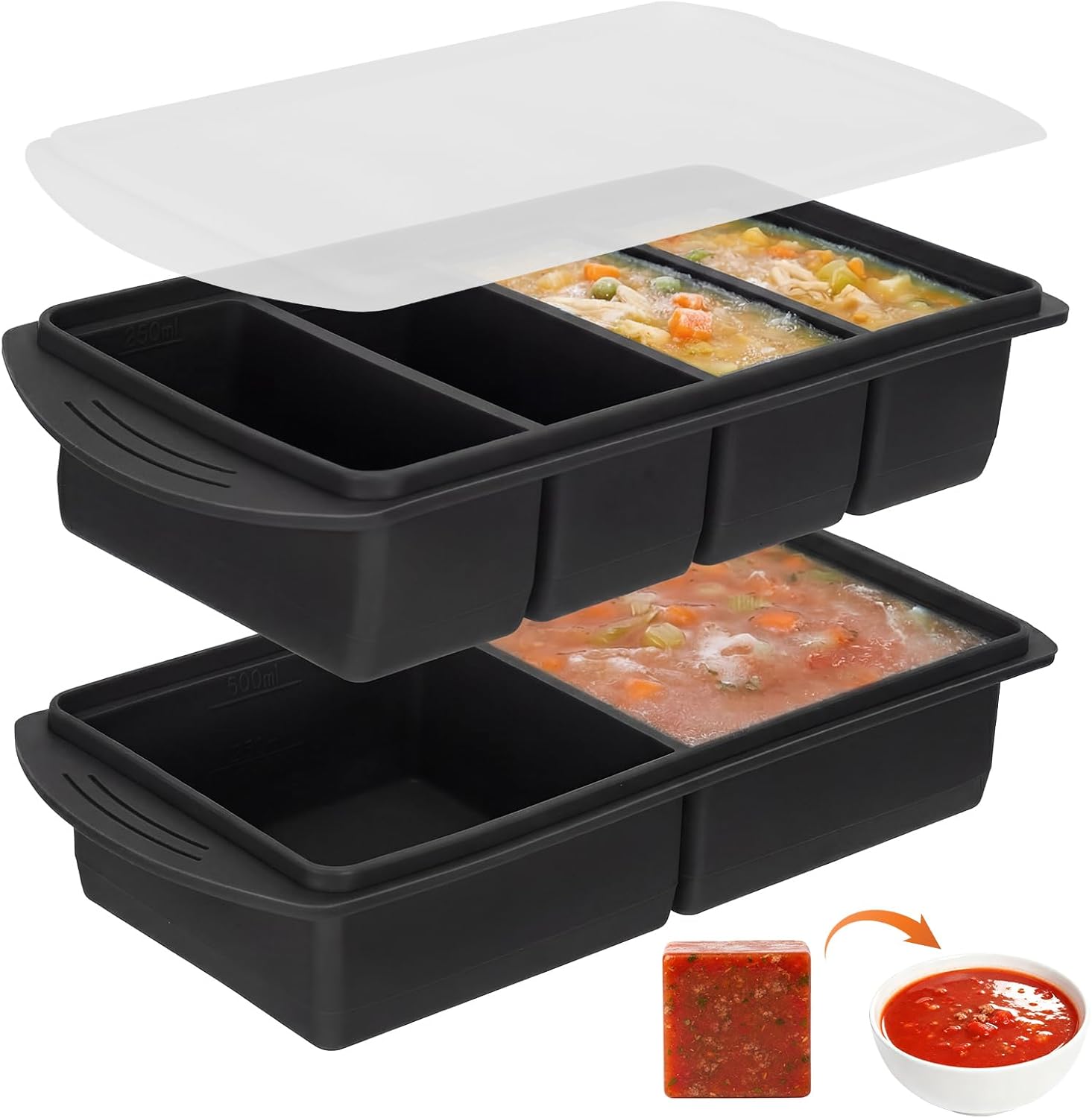 Silikon-Gefrierform mit Deckel-Set (2 + 4 Fächer) – Gefrierbehälter & Schaufel mit Skala 250–500 ml für Suppe, Saucen & Essenszubereitung, auch als Eiswürfelform verwendbar, BPA-frei, stapelbar (schwarz)