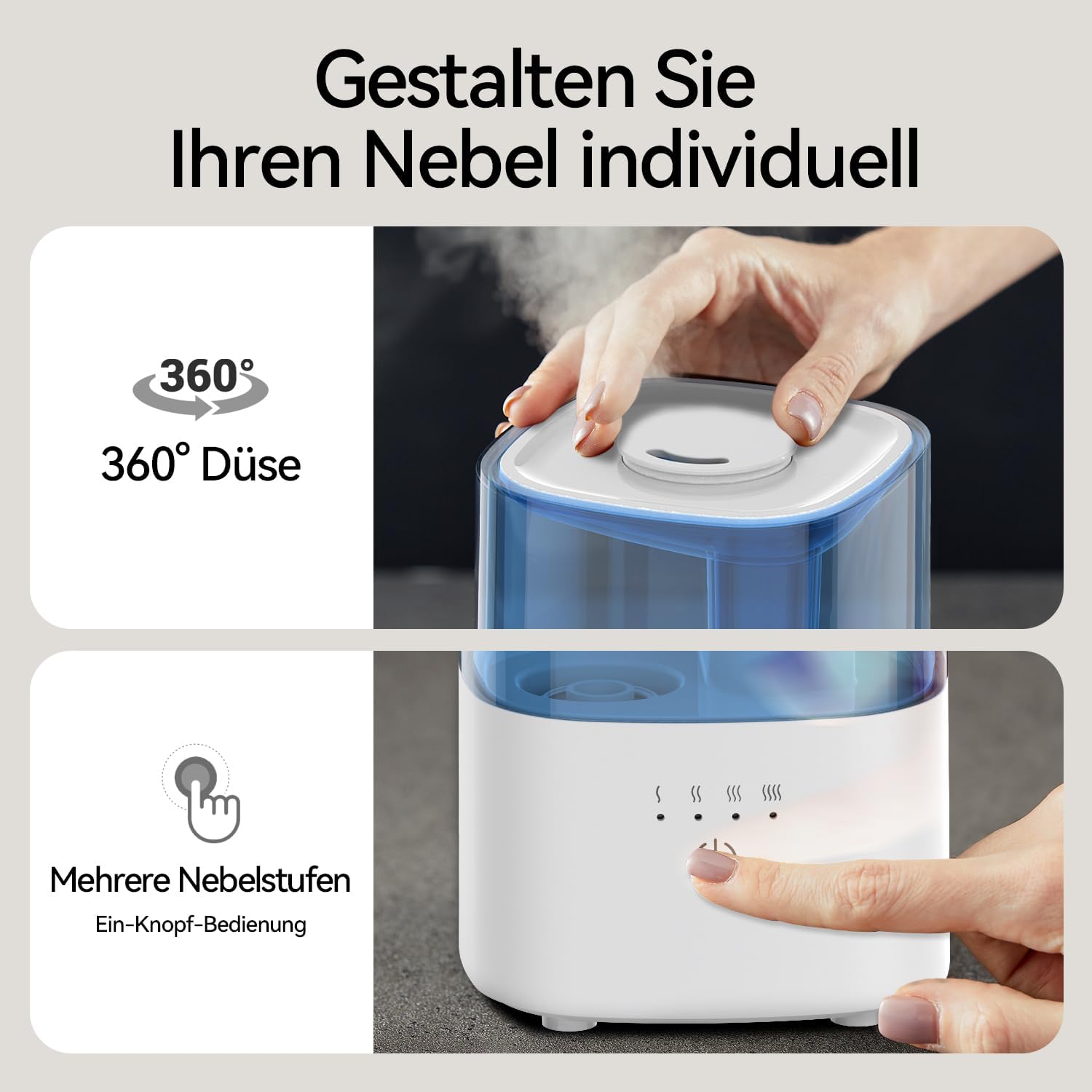 Roeskm Luftbefeuchter für Schlafzimmer, kühlender Nebel-Luftbefeuchter für Zuhause, Pflanzen und Babyzimmer, leise, auf Ultraschallbasis, mit 360°-Düse, automatische Abschaltung, kein Filter, blau – Bild 6
