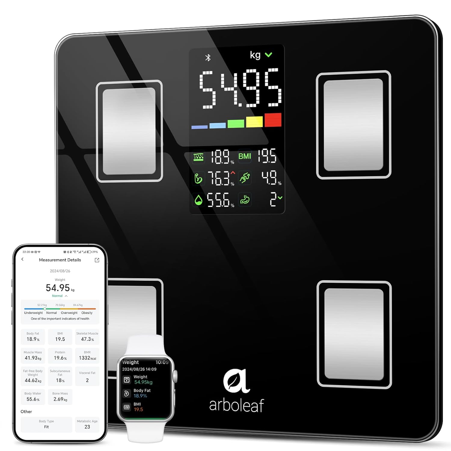 arboleaf Personenwaage Digitale Körperfettwaage mit App, Waage mit Körperfett und Muskelmasse mit großem LED-Display, hochpräzise Körperwaage Bluetooth bis 180 kg / 400 lbs
