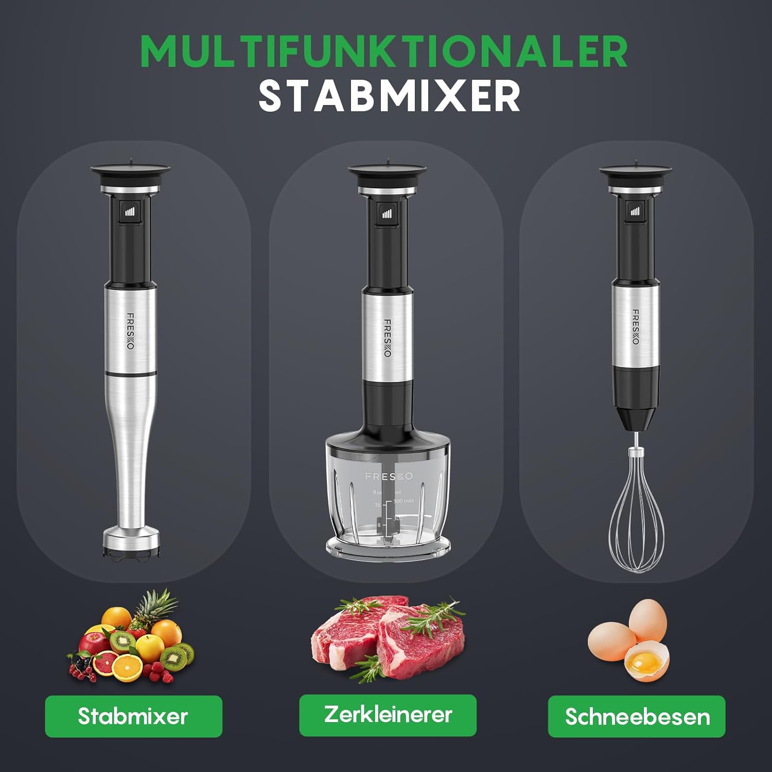 FRESKO Stabmixer 1000 W mit Zubehörset, Pürierstab aus Edelstahl inklusive Schneebesen, 500 ml Lebensmittelzerkleinerer, Messbecher mit Deckel und Schutzhülle, stufenlose Geschwindigkeiten für Smoothies, Suppe – Bild 5